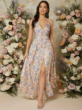 Women's Elegant V-Neck Floral Print Slit Maxi Dress Casual Vacation Off-Shoulder Long Dress - Multicolor
