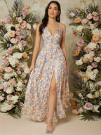 Women's Elegant V-Neck Floral Print Slit Maxi Dress Casual Vacation Off-Shoulder Long Dress - Multicolor