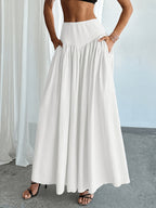 Women's Waist-Cinching Pleated Flared Skirt with Solid Pockets, Comfortable, Versatile, and Elegant, Suitable for Casual Daily Wear and Stylish Commuting, All-Season - White