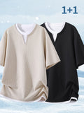 Men'S Waffle Short Sleeve T-Shirt 2Pcss Set, 3D Checkered Design with Fake 2Pcss Neckline, Casual All-Match Summer Essential - Black + Apricot