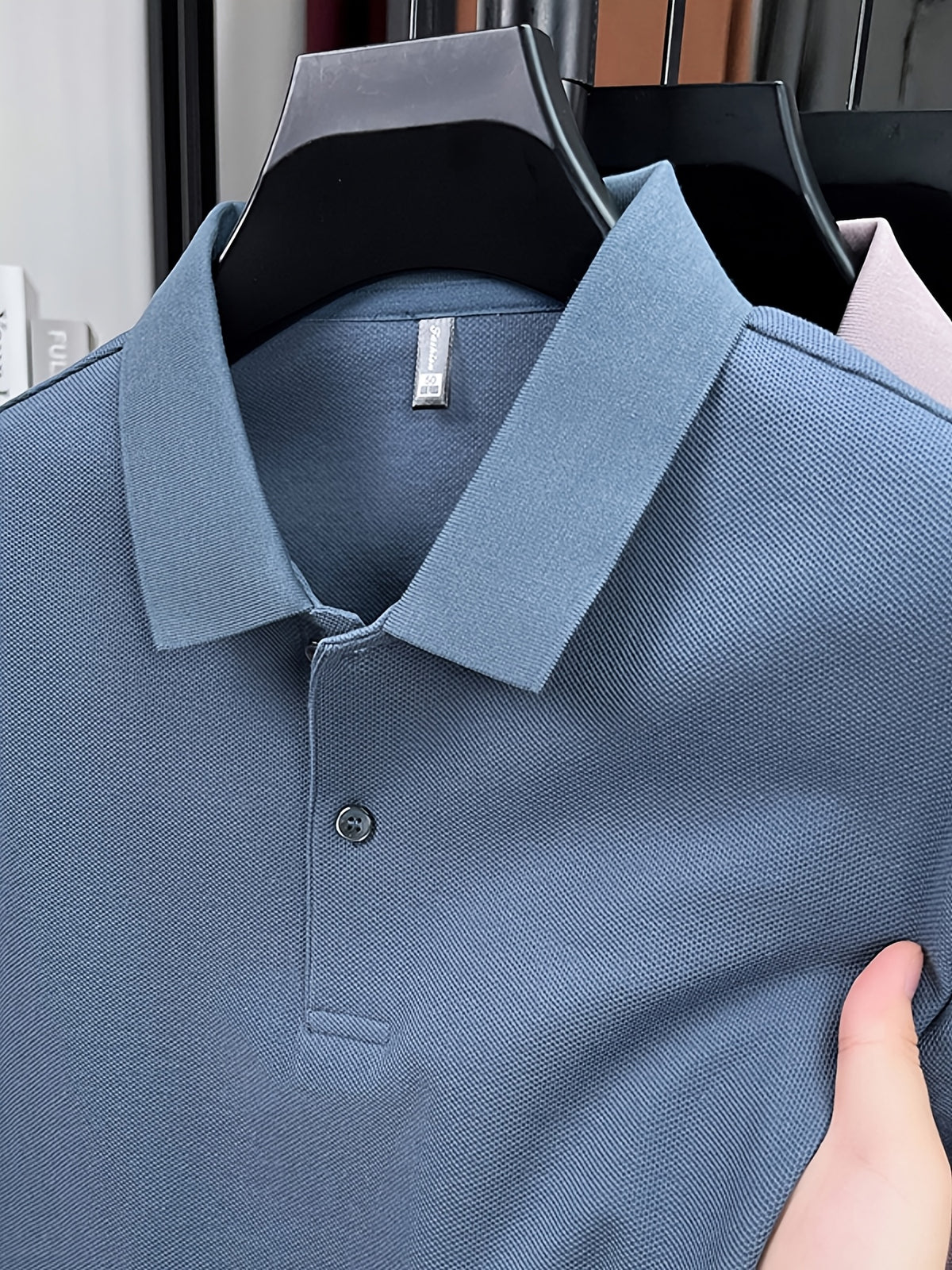 Spring and Autumn Men's Lapel Polo Shirt, Fashionable Solid Color Base Layer Top, Versatile Business Casual Long Sleeve T-Shirt, Suitable for Daily Work Scenes, The Best Gift for Friends and Relatives - Fog Blue