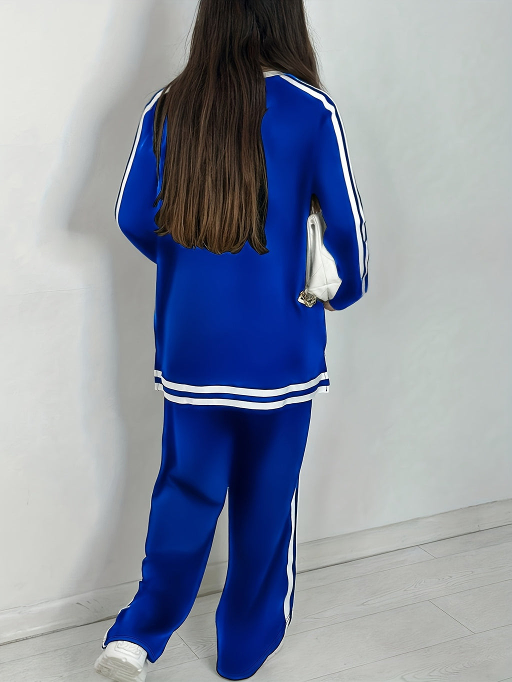 Plus Size Women'S Side Stripe Long Sleeve Long Pants Set, Ins Fashion Cool Home Two-Piece - Blue