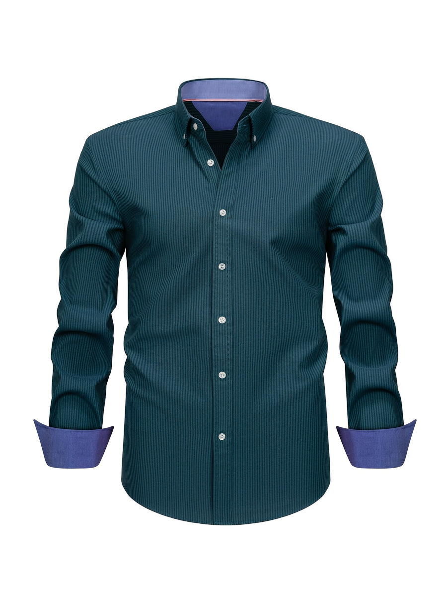 New Cotton Oxford Shirt for Men, Casual Fashion Long Sleeve with Collar and Cuff Patchwork Design, Comfortable and Fitted Business Loose Shirt, Button-Up Striped Dress Shirt, Long Sleeve Collared Striped Dress Shirt for Office Work, Fine Stripe Shirt - Blue base with black stripes