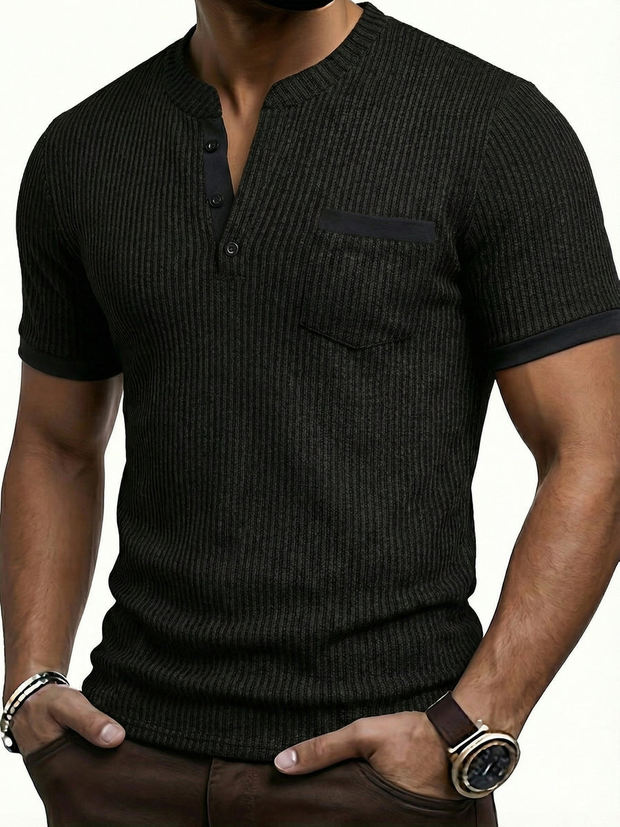 ROYALBOY Spring New Men's Casual Fashion Textured Two-Tone Striped Henley Shirt - Short Sleeve, Stand Collar, Suitable for Casual Outdoor Wear, Machine Washable, 100% Polyester Durable Wear-Resistant Fabric - Black