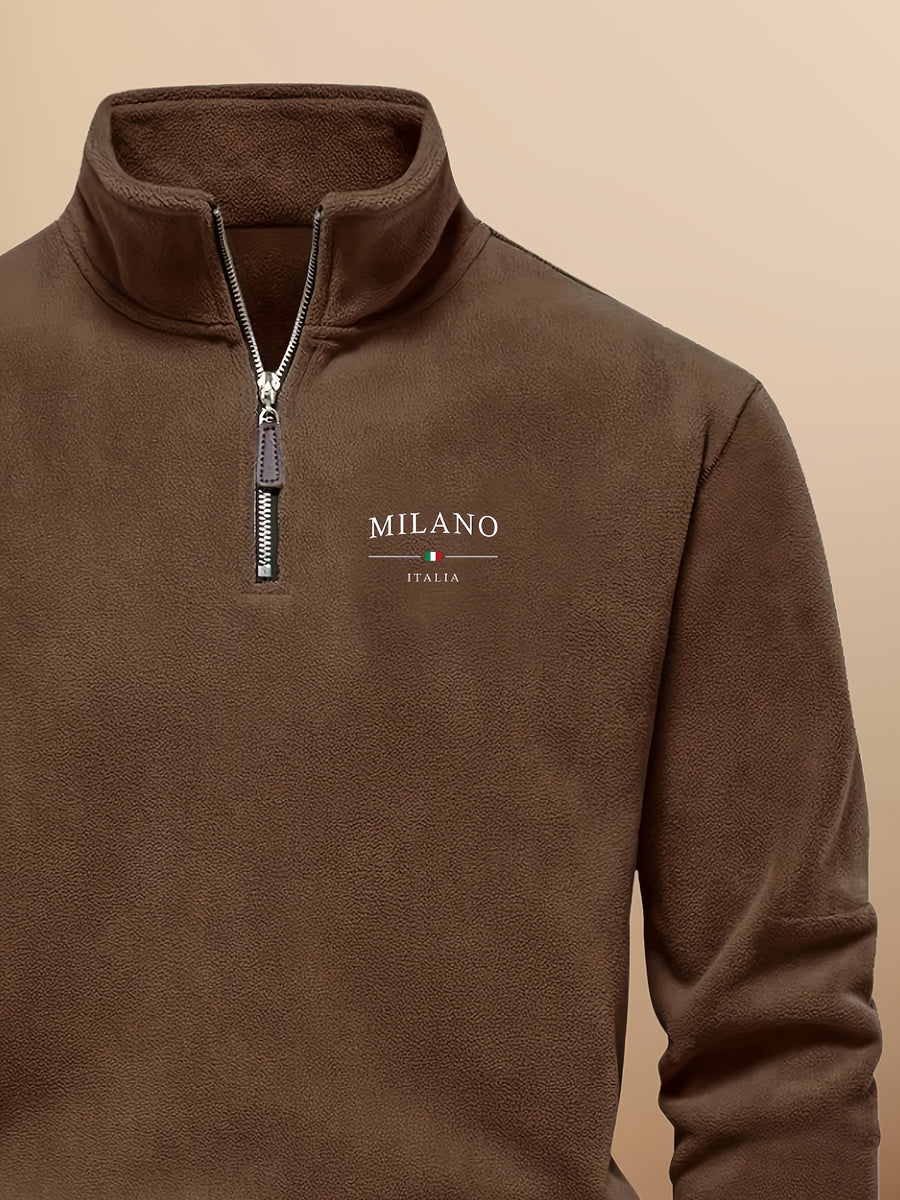 Autumn Winter Men'S Fleece Thickened Henley Stand-Up Collar Sweatshirt 1/4 Zip Warm Top Double-Faced Fleece Jacket, New Season - Coffee Color