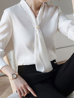 Solid Color Lace-Up V-Neck Long-Sleeved Shirt, Elegant Women'S Clothing, Suitable for Spring And Autumn Seasons - White