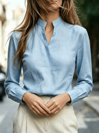 Long Sleeve Shirt for Women, Commute Blouse with Stand Collar - Sky Blue