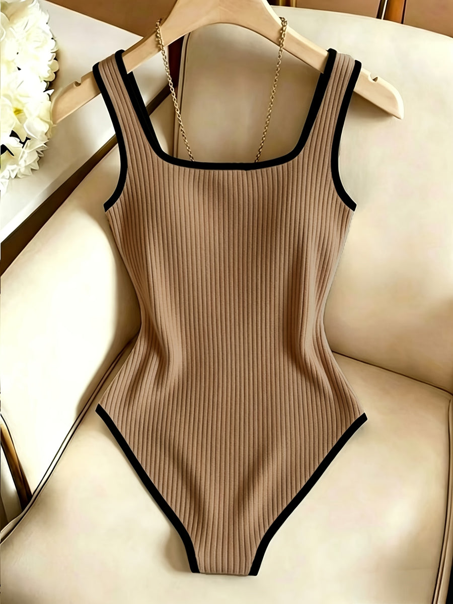 Women's Mature-Casual Style Slim-Fit Jumpsuit Top with Square Neckline, Thin Straps, Ribbed Waistband, and Ribbed Trim - Suitable for Spring/Summer Commuting and Party Outfits - Brown