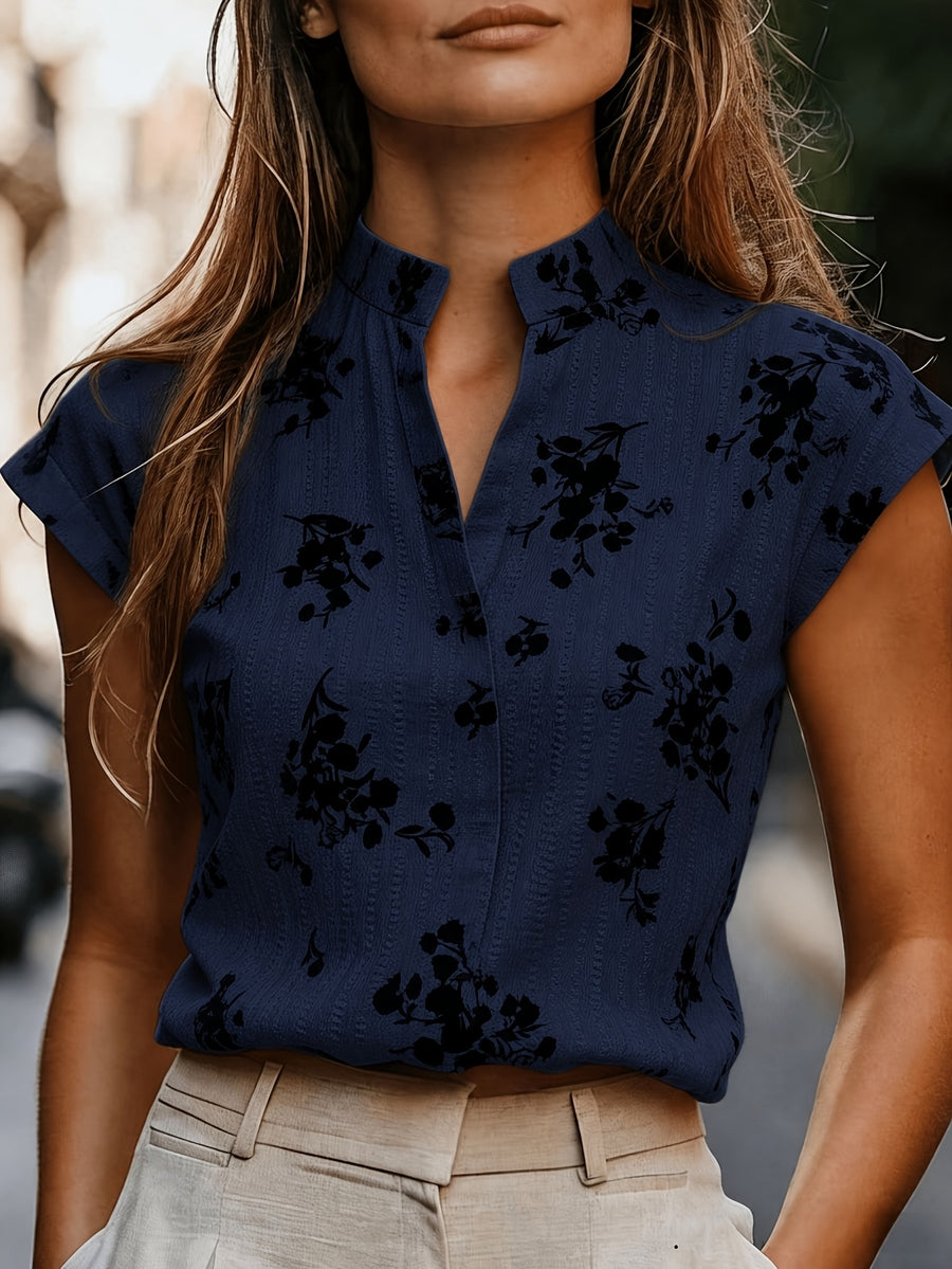 Women'S Elegant Fashion Floral Print V-Neck Commuter Shirt - Navy Color