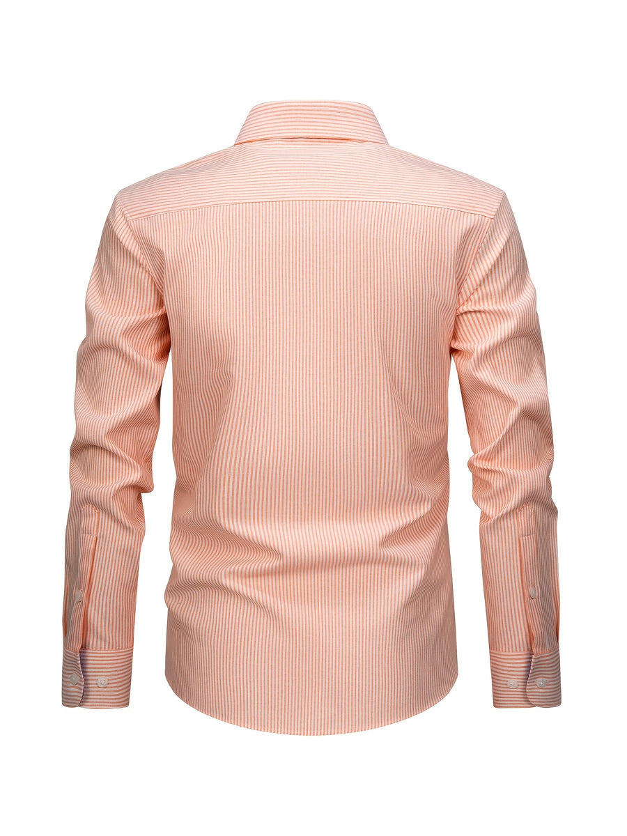 New Cotton Oxford Shirt for Men, Casual Fashion Long Sleeve with Collar and Cuff Patchwork Design, Comfortable and Fitted Business Loose Shirt, Button-Up Striped Dress Shirt, Long Sleeve Collared Striped Dress Shirt for Office Work, Fine Stripe Shirt - Orange base with white stripes