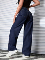 Women's Wide- Beltless Mid-Rise Denim Pants - No-Stretch Built-In Zipper Full-Length Wide Pants Suitable for Casual & Dressy Wear, Machine Washable Solid Color Denim Trousers - Medium Blue