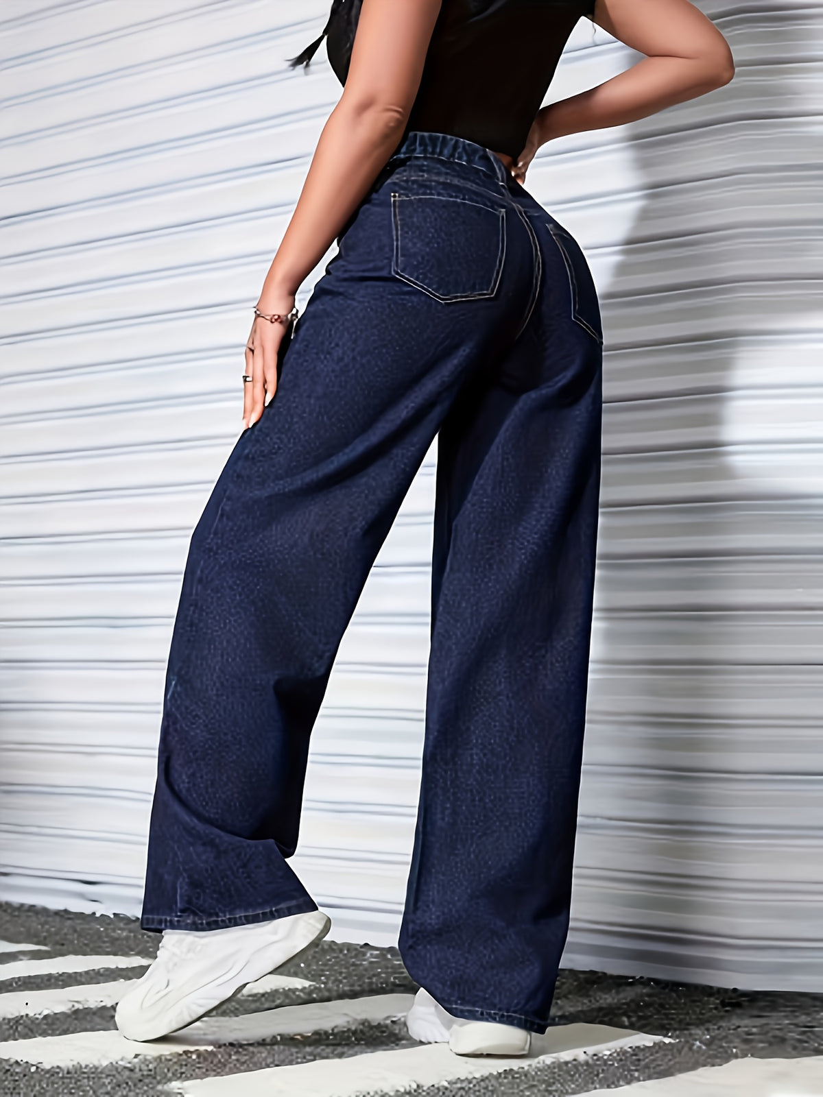 Women's Wide- Beltless Mid-Rise Denim Pants - No-Stretch Built-In Zipper Full-Length Wide Pants Suitable for Casual & Dressy Wear, Machine Washable Solid Color Denim Trousers - Medium Blue