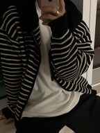 New Autumn/Winter Warm Fashionable Versatile Casual Men's Knit Cardigan Long Sleeve, Lazy Style Striped Hooded Cardigan Sweatshirt, Contrast Color Outerwear Sweater with Double-End Zipper and Adjustable Drawstring, for Work, School - Black