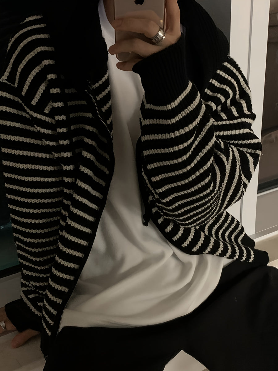 New Autumn/Winter Warm Fashionable Versatile Casual Men's Knit Cardigan Long Sleeve, Lazy Style Striped Hooded Cardigan Sweatshirt, Contrast Color Outerwear Sweater with Double-End Zipper and Adjustable Drawstring, for Work, School - Black