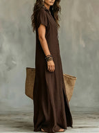 Women'S Casual Solid Color V-Neck Slit Lazy Style Shirt Dress Button Front Opening Bohemian Shirt Style Loose Long Dress - Coffee Color