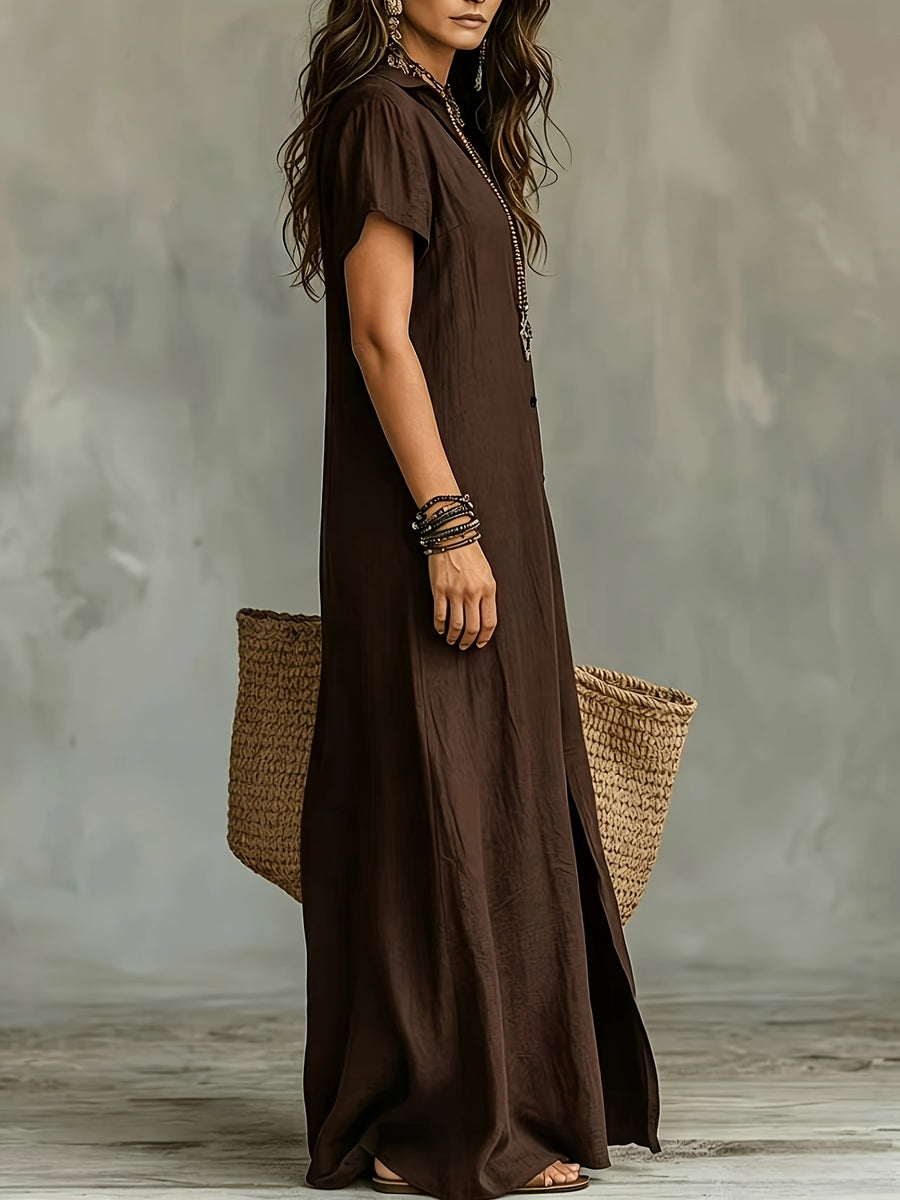 Women'S Casual Solid Color V-Neck Slit Lazy Style Shirt Dress Button Front Opening Bohemian Shirt Style Loose Long Dress - Coffee Color