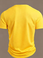Men's V-neck Short-Sleeve T-shirt with Unique Small Print, Waffle Knit Fabric, Comfortable Men's Half-Sleeve Top - Yellow 3
