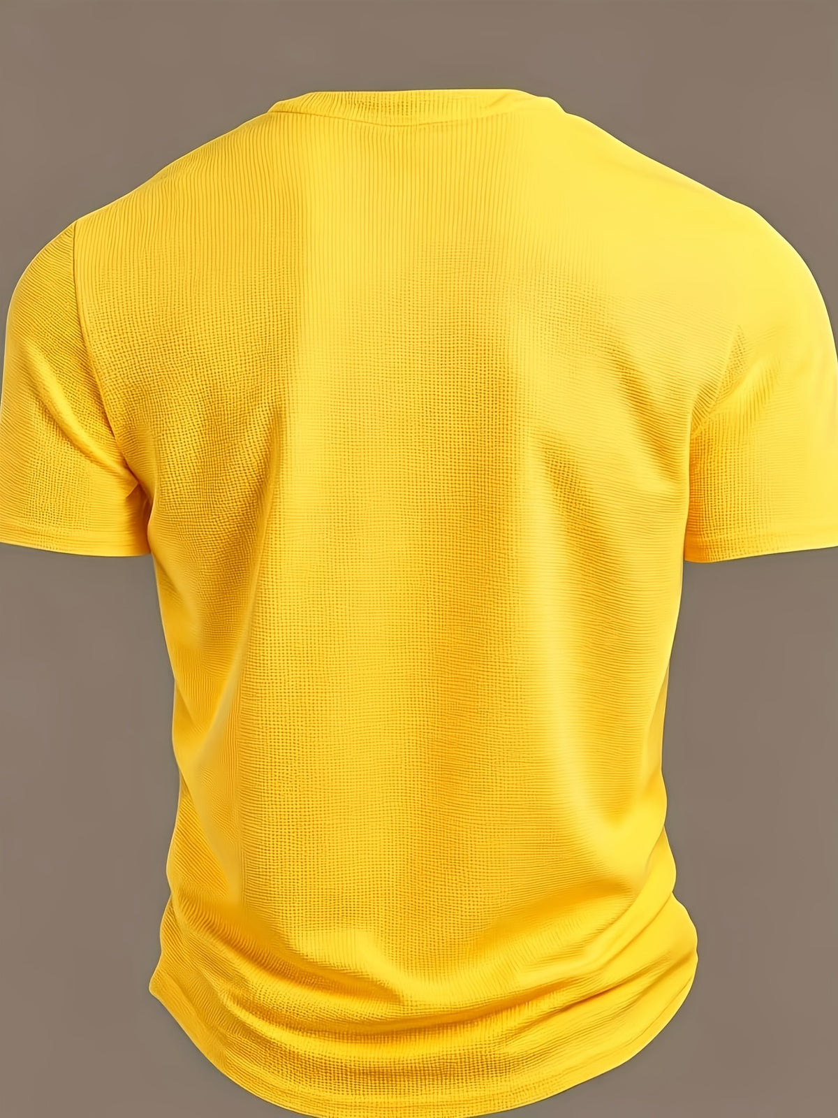 Men's V-neck Short-Sleeve T-shirt with Unique Small Print, Waffle Knit Fabric, Comfortable Men's Half-Sleeve Top - Yellow 3