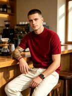 Men's Minimalist Urban Style Half-Turtleneck Short-Sleeve Knit Sweater with Fine Texture, Breathable for Spring/Summer Daily Wear - Burgundy