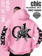 Men'S Hooded Sweatshirt, Western Trendy Cool Black And White Sketch Joker Theme Print, Sleeves with Same Series Splatter Art Lettering, Breathable And Skin-Friendly Fabric, Showcasing ' Fashion Sense, Ideal Gift for Holidays And Birthdays - Pink Color