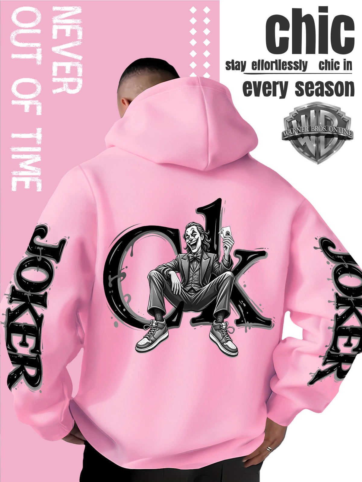Men'S Hooded Sweatshirt, Western Trendy Cool Black And White Sketch Joker Theme Print, Sleeves with Same Series Splatter Art Lettering, Breathable And Skin-Friendly Fabric, Showcasing ' Fashion Sense, Ideal Gift for Holidays And Birthdays - Pink Color