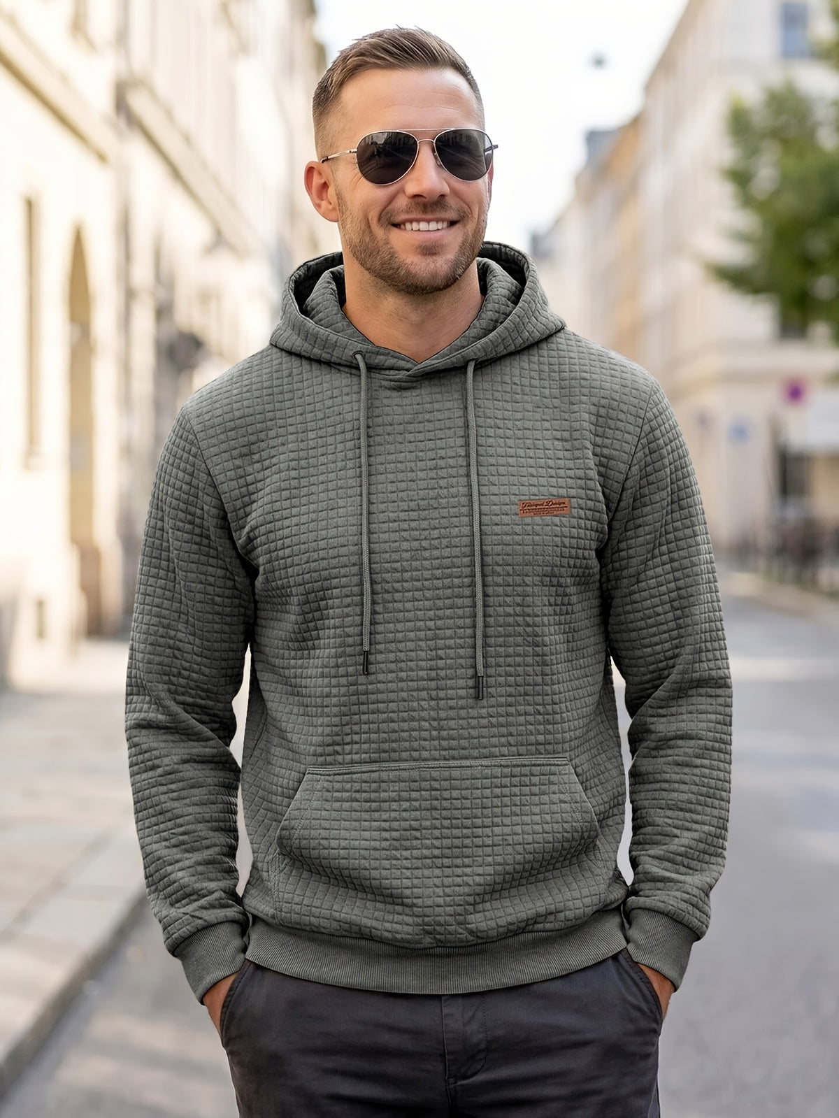 American Style New Men's Casual Pullover Jacquard Sweatshirt, Plaid Hooded Sweatshirt with Large Pocket - Grey