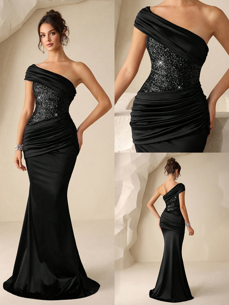 Women's Sequined Mermaid Trendy Style, Formal Evening Dress with One Shoulder, Ladies' Gorgeous and Elegant Celebration Gown, Valentine's Day Sequined Dress, for Graduation Ceremonies, Opening Ceremonies, Music Festivals, Birthday Parties - Black