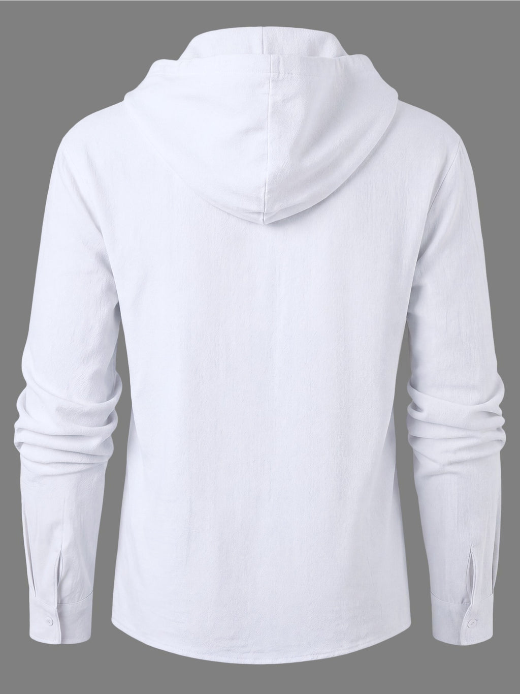 Outdoor Mountain Men's Linen Hooded Long-Sleeve Shirt with Hand-Painted Mountain Silhouette Print to Enhance Apparel Recognizability. Creative Cross-Tie Collar Adds Rich Layering. Long Sleeves and Hooded Design Create an Atmospheric Men's Outfit - White