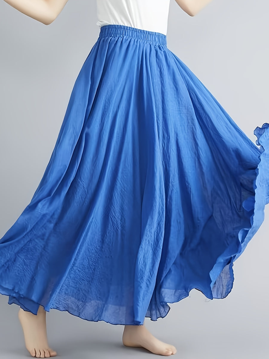 Solid Color Ethnic Style Literary Double-Layer Non-See-Through Midi Skirt for Women, Spring Summer Autumn Zen Style Long Dress with Wide Hem, High Waist Flowy - Dark Blue 1