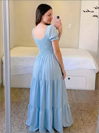 Four-Season Suitable Dress, Y2K Women's New Solid Color Square Neck Tie-Back Long Dress, Suitable for Streetwear, Commuting, Parties, Social Events, Vacations, Christmas, New Year, Valentine's Day, Women's New Clothing M186 - Sky Blue