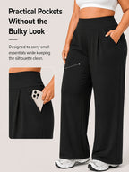 Plus Size Women'S High-Waist Wide-Leg for yoga Pants 0XL-4XL Tummy Control Non-Roll Non-Digging Front Pleated Deep Side Pockets Double-Sided Super Soft 4-Way Stretch Casual Sports Trousers for Yoga Gym Outdoor Work All Seasons - Black