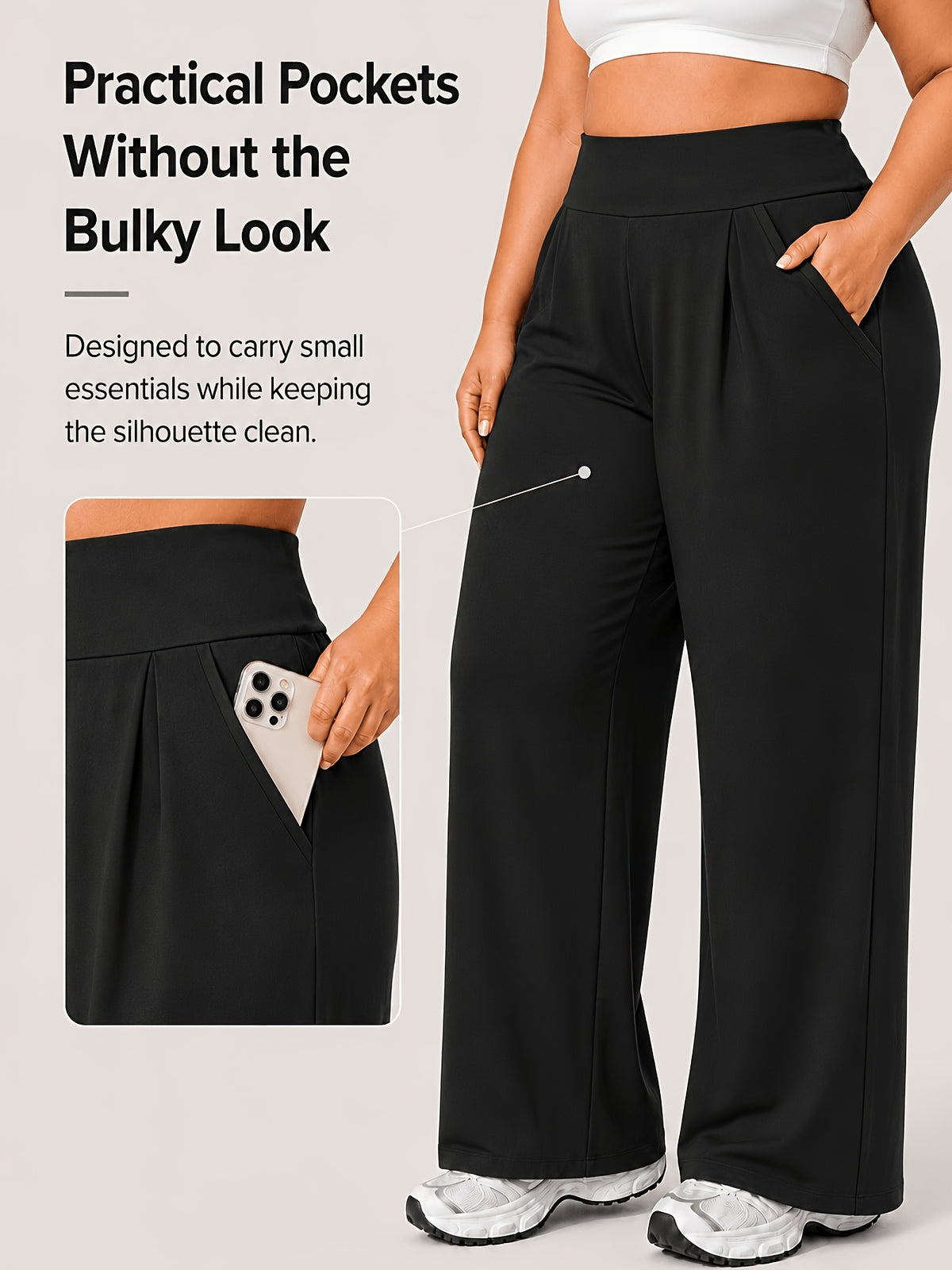 Plus Size Women'S High-Waist Wide-Leg for yoga Pants 0XL-4XL Tummy Control Non-Roll Non-Digging Front Pleated Deep Side Pockets Double-Sided Super Soft 4-Way Stretch Casual Sports Trousers for Yoga Gym Outdoor Work All Seasons - Black