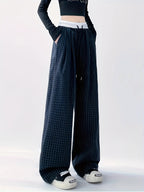 Women's Plus Size Checkered Casual Pants - Summer Loose Fit Wide Leg Trousers with Geometric Pattern, Elastic Waist & Drawstring, Breathable Fabric for Lounge, Sports & Casual Attire, Summer Clothing, Sporty Outfit Pants, Drawstring Adjustable - Navy Color