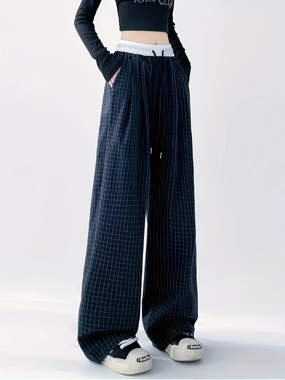 Women's Plus Size Checkered Casual Pants - Summer Loose Fit Wide Leg Trousers with Geometric Pattern, Elastic Waist & Drawstring, Breathable Fabric for Lounge, Sports & Casual Attire, Summer Clothing, Sporty Outfit Pants, Drawstring Adjustable - Navy Color