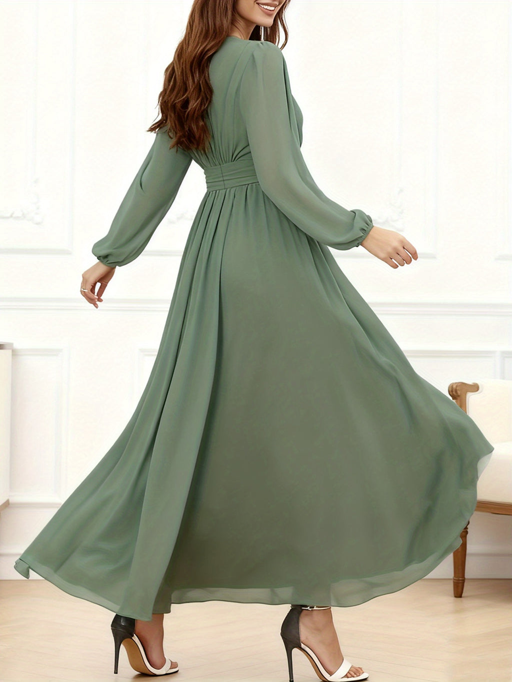 P373 French-Style Elegant, Dynamic, and Flowing A-Line Dress with Waist Cinching and Flared Hem, Suitable for Dates, Dinners, and Weddings, for Women and Bridesmaids - Green