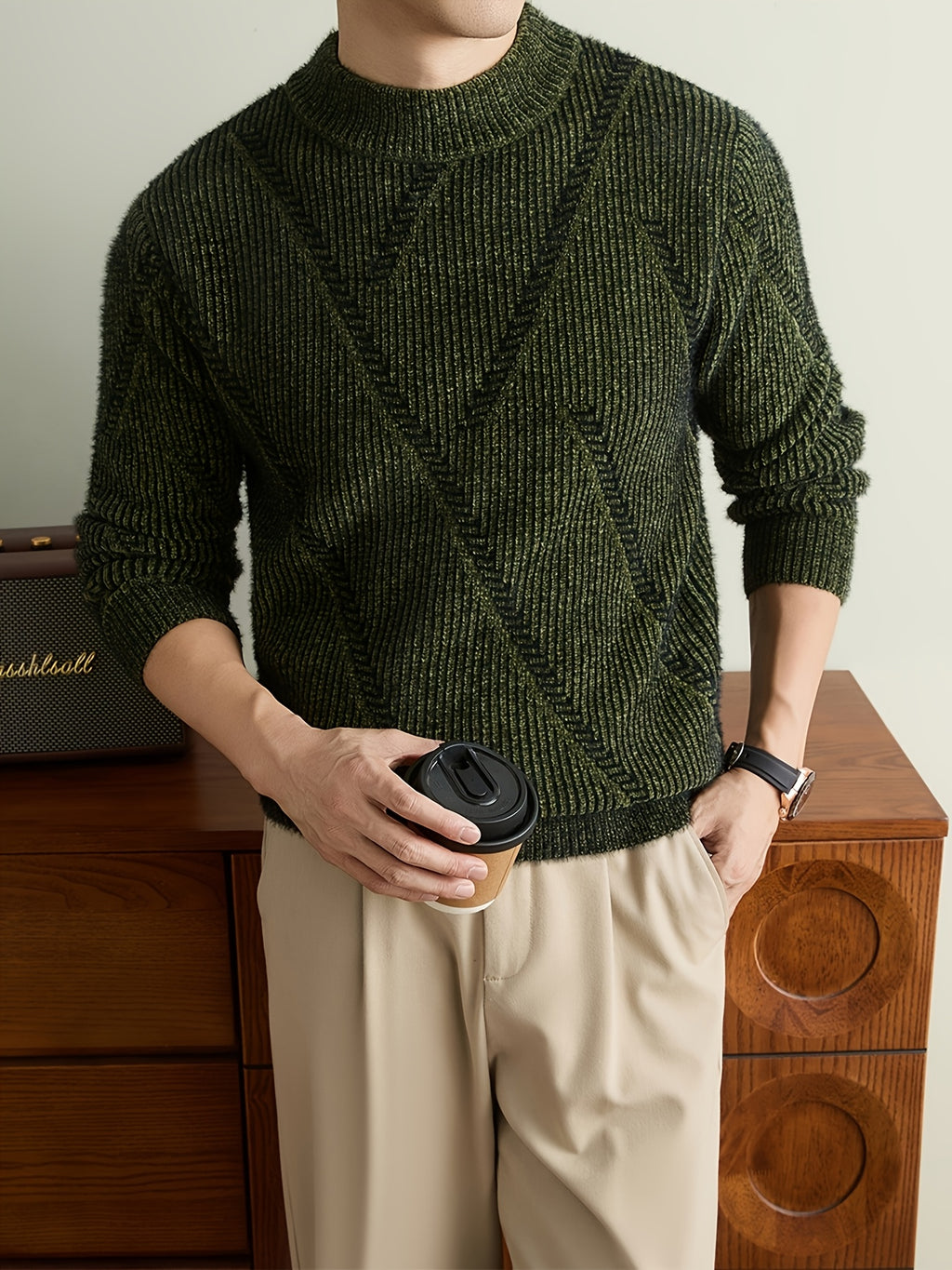 Men'S Olive Green Herringbone Knit Crew Neck Sweater, Textured Long Sleeve Pullover with Ribbed Trim, Old Money Fall Winter Top - Olive Green Color
