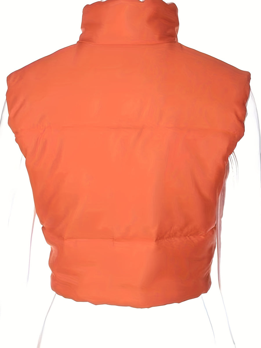 High-Neck Sleeveless Short Winter Reversible Padded Vest - Ivory White