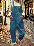 [Printed Pants - Not Denim Fabric]Autumn Retro Faux Denim Digital Print Bear Pattern Overalls Women'S Loose Straight Leg Sweater Layering Casual Pants - Mixed colors