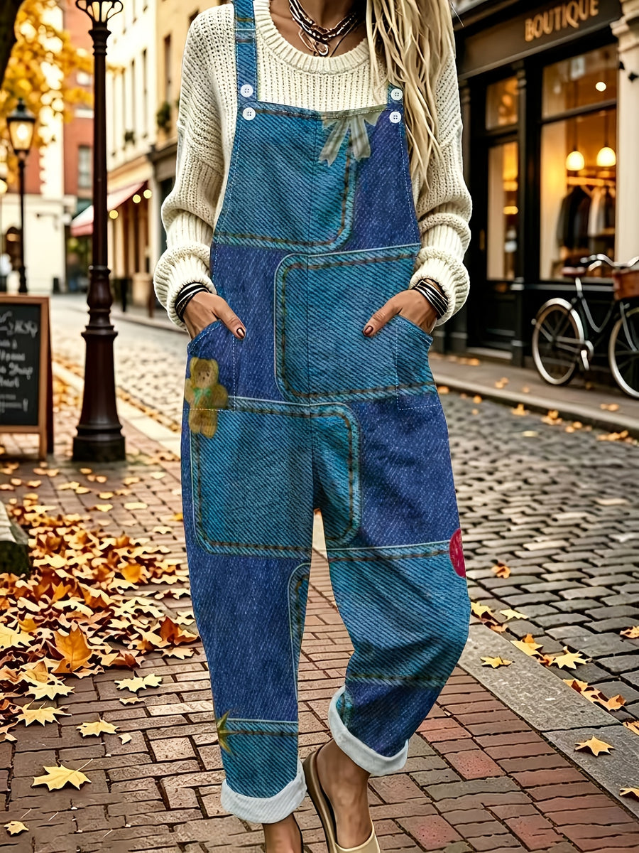 [Printed Pants - Not Denim Fabric]Autumn Retro Faux Denim Digital Print Bear Pattern Overalls Women'S Loose Straight Leg Sweater Layering Casual Pants - Mixed colors