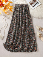Women's High Waist Floral Maxi Skirt, A-Line Flowy Resort Skirt, French Style Elegant Dress for Spring Summer Fall - Black