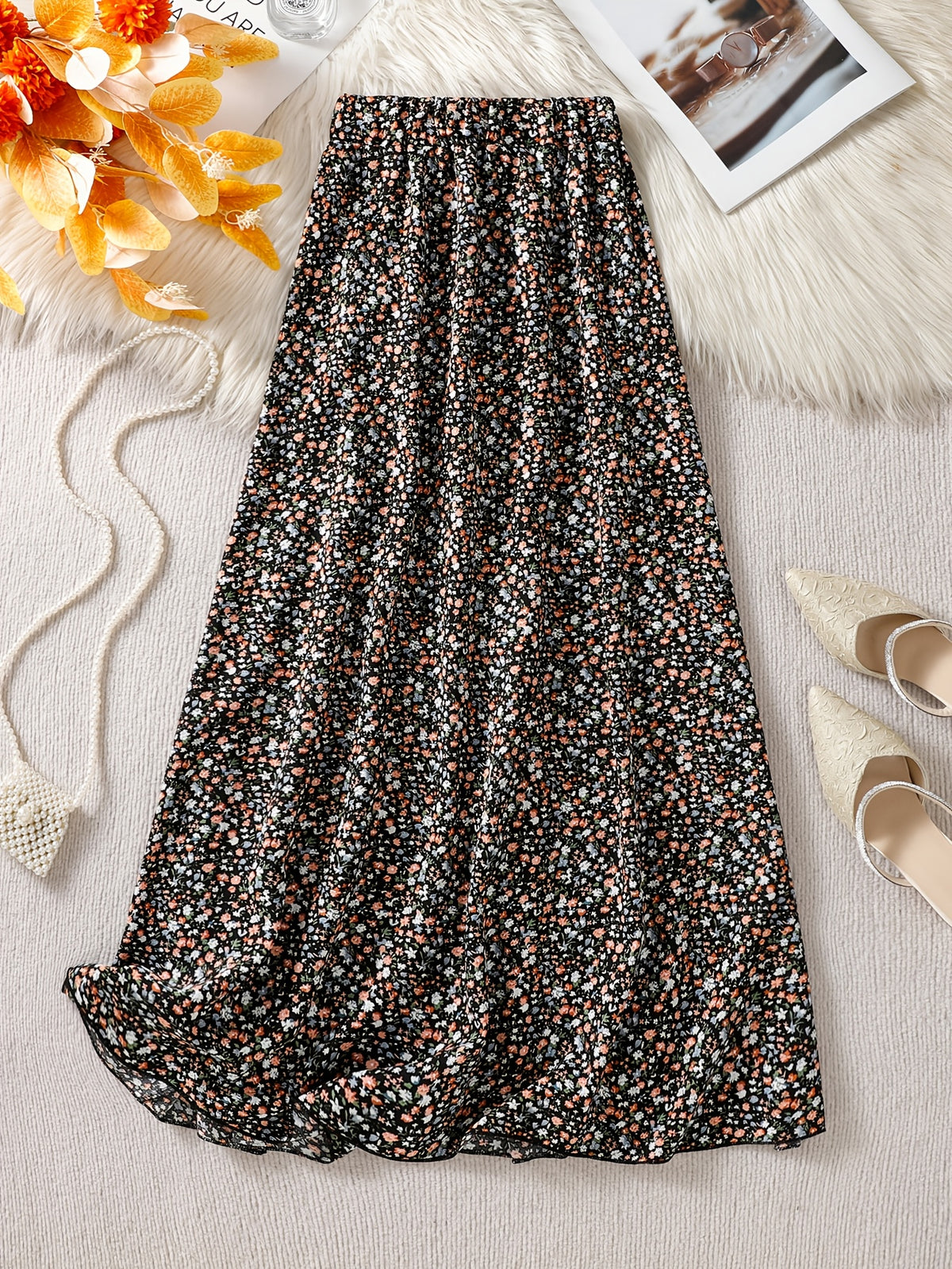 Women's High Waist Floral Maxi Skirt, A-Line Flowy Resort Skirt, French Style Elegant Dress for Spring Summer Fall - Black
