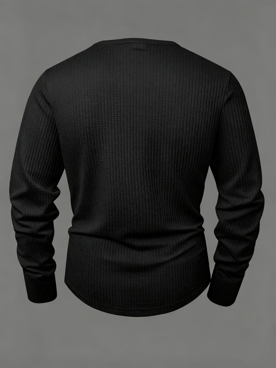 Vertical Stripe Textured Henley Collar Long Sleeve Men's Autumn Casual Loose Premium T-Shirt, Minimalist Solid Color Men's Casual Daily Top - Black