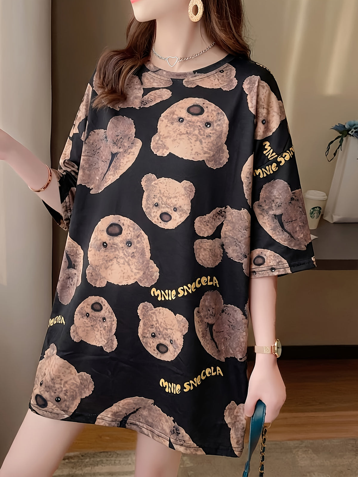 Summer New Large Size Loose Fashion Trend Thin Cartoon Round Neck Print Medium Long Short Sleeve T-Shirt - 208-B