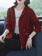 Women's Cardigan, Spring/Autumn Lazy Style Sweater Jacket, Loose Fit Outerwear Hooded Top - Deep Red