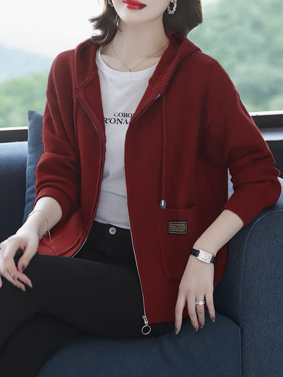 Women's Cardigan, Spring/Autumn Lazy Style Sweater Jacket, Loose Fit Outerwear Hooded Top - Deep Red