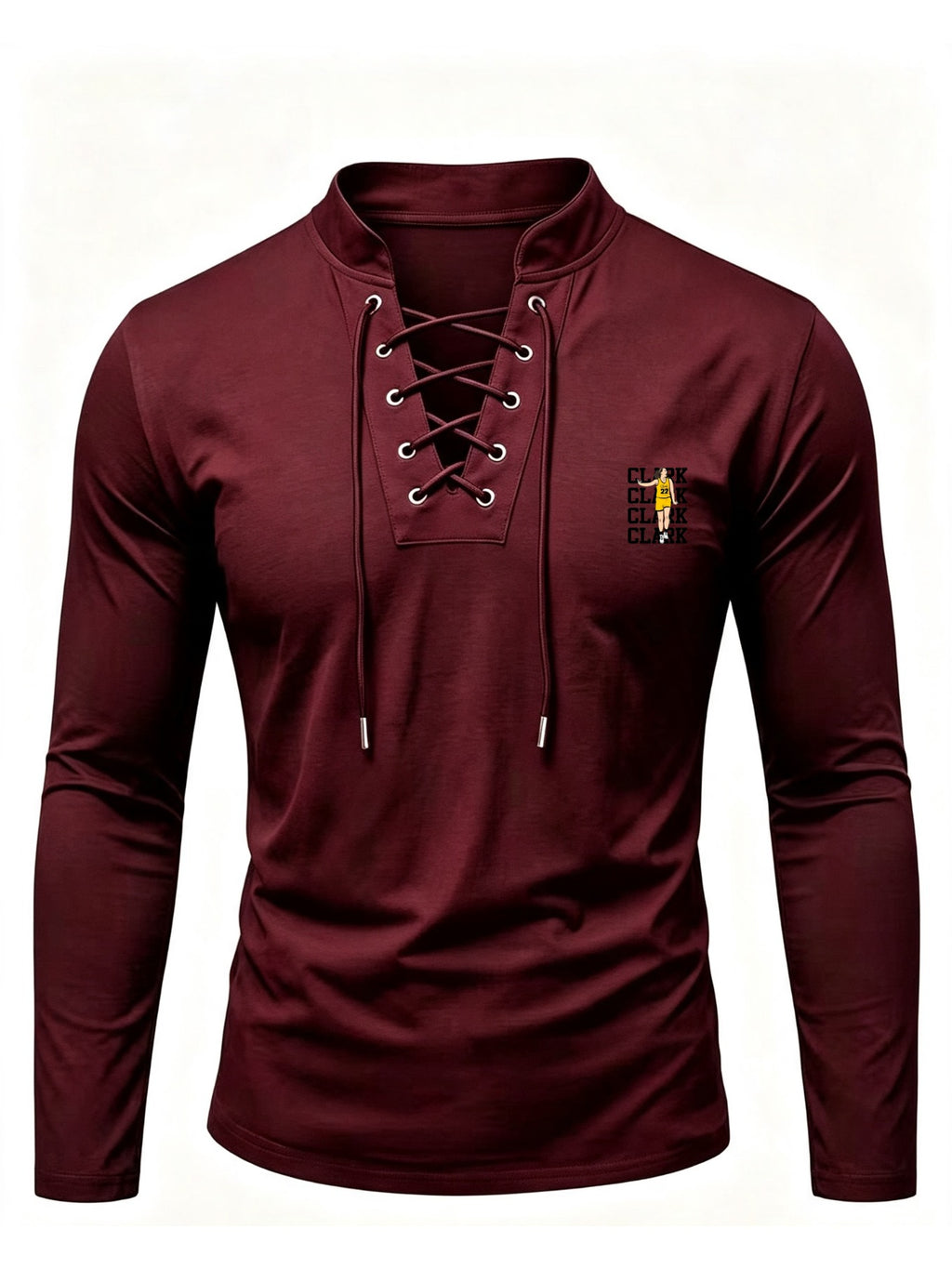 2026 New Men'S Stand Collar Cross-Strap Long Sleeve Shirt, Unique Cross-Strap Neckline Design Eye-Catching, Chest Repeating Letter Cartoon Print Trendy Individual, All-Season Wearable Inner Layer, Commute And Casual Versatile Top - Burgundy