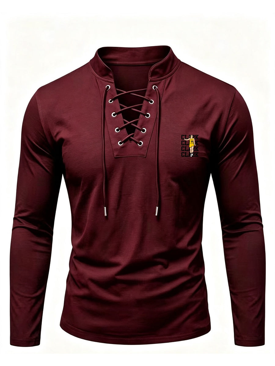 2026 New Men'S Stand Collar Cross-Strap Long Sleeve Shirt, Unique Cross-Strap Neckline Design Eye-Catching, Chest Repeating Letter Cartoon Print Trendy Individual, All-Season Wearable Inner Layer, Commute And Casual Versatile Top - Burgundy