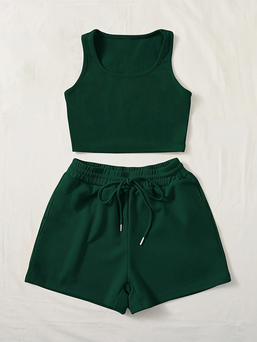 Women'S Green Sleeveless Tank Top & Drawstring Shorts Set - Casual, Solid Color, All-Season Wear, Casual Attire|Minimalist Style| - Dark Green