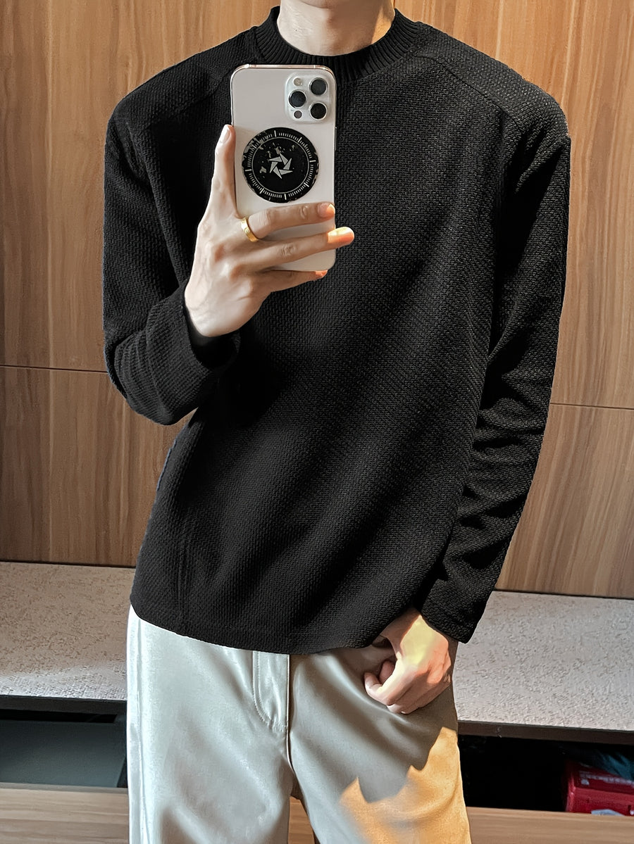 Men'S Casual Sports T-Shirt, 1pc Men'S Fashion Trendy Casual Patchwork Stand-Collar Long Sleeve Men'S T-Shirt, Loose Fit, Comfortable Stretch Fabric, Suitable for Daily Casual Wear - Black