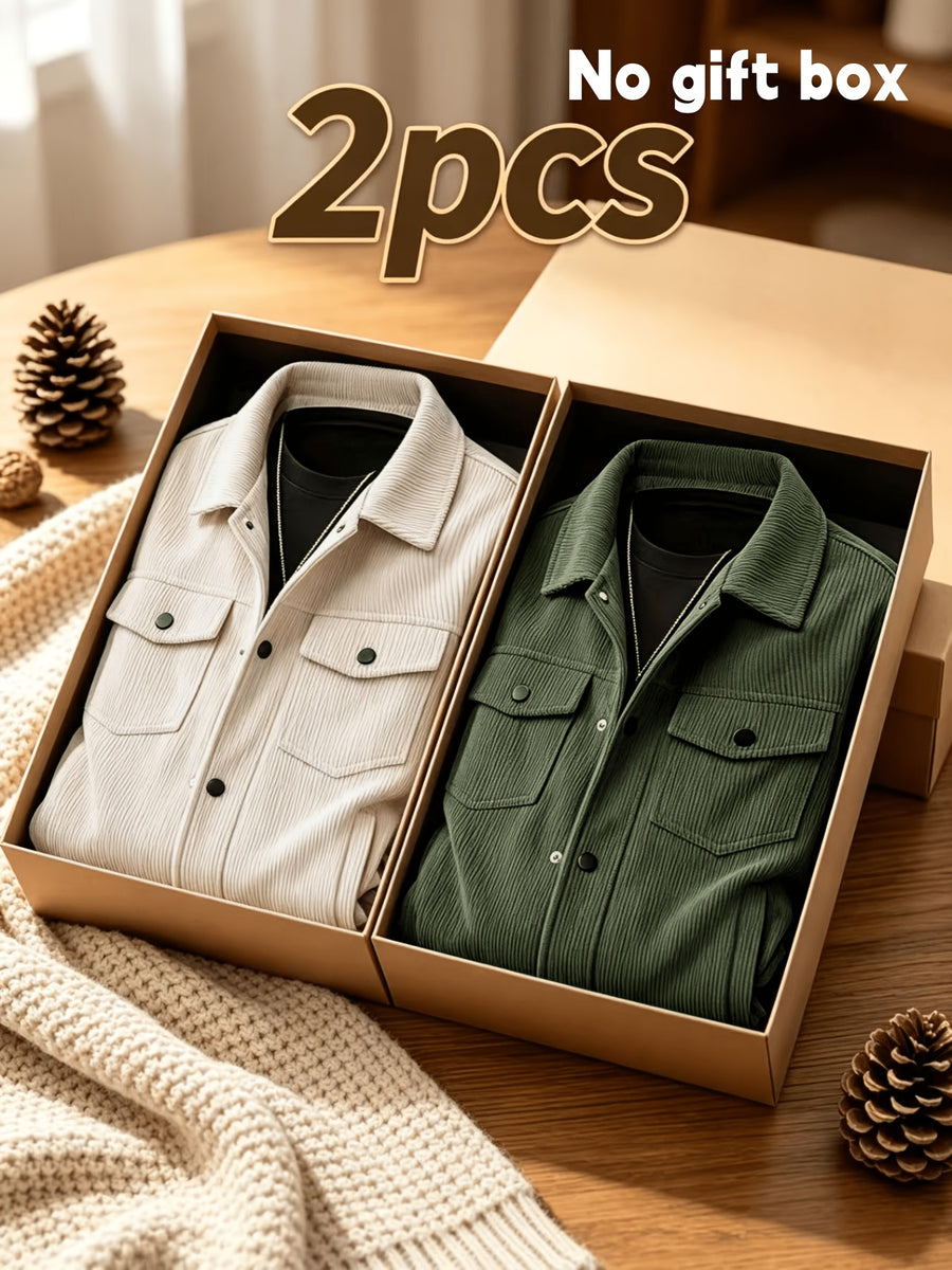Men'S Spring Autumn Solid Color Long Sleeve Functional Warm Jacket, Corduroy Solid Color Jacket, Lapel Button-Up Design, Fabric Upgrade, Multi-Functional Chest Pockets, Suitable for Casual Daily Wear And Home Wear (2pcs Set) - Army Green + Apricot